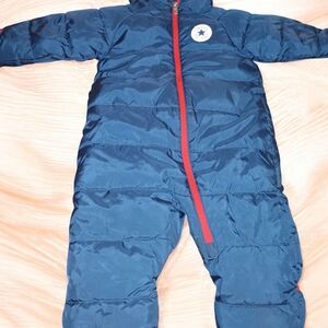 Navy Blue Puffer Snowsuit with Red Zipper